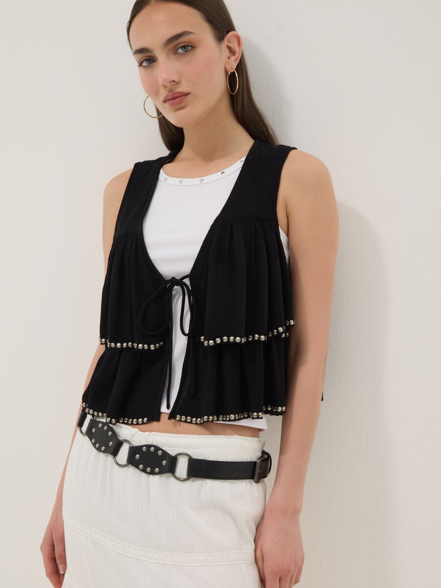 Black pure viscose gilet with ruffles_0