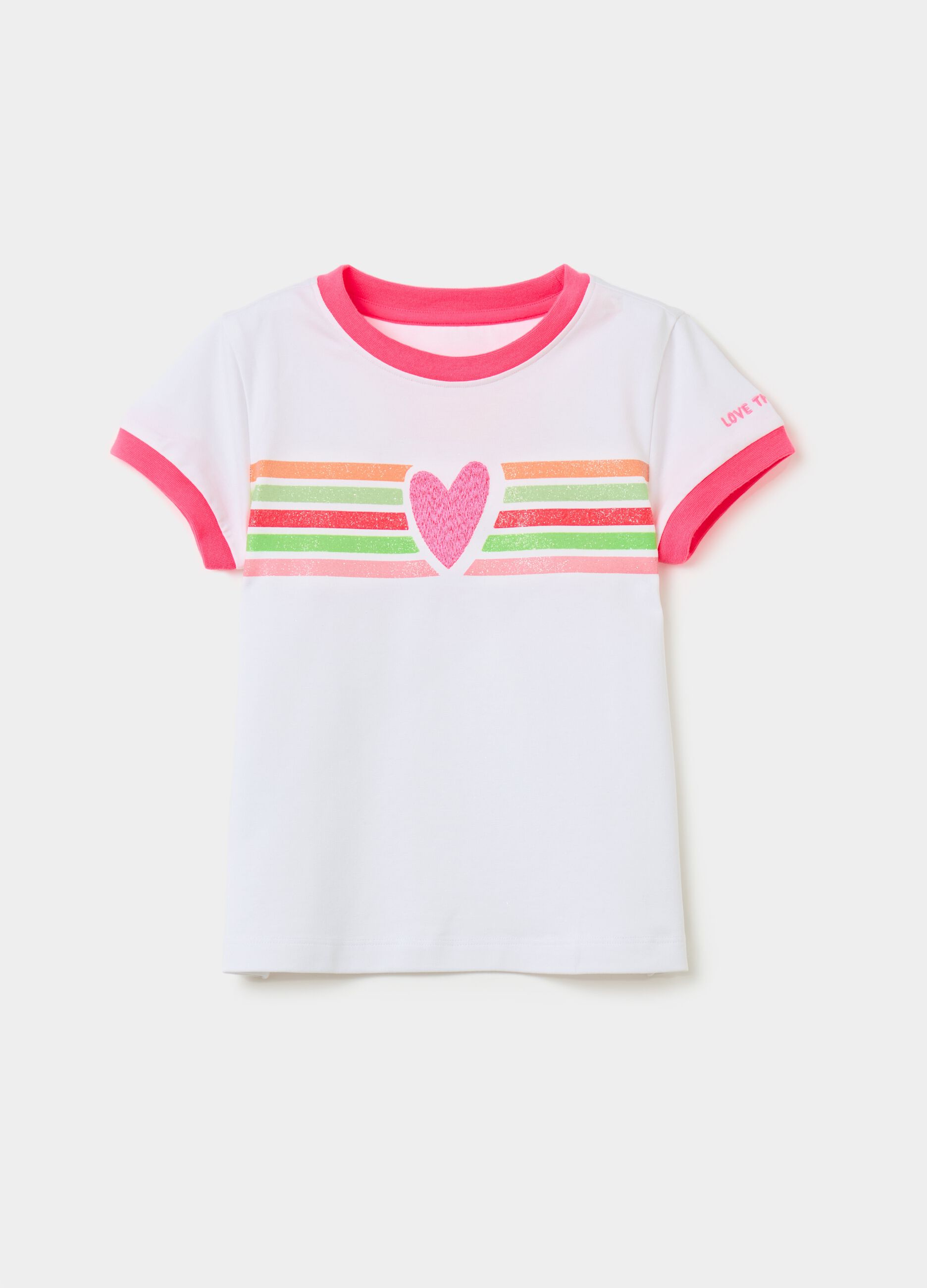 T-shirt with heart embroidery and glitter print