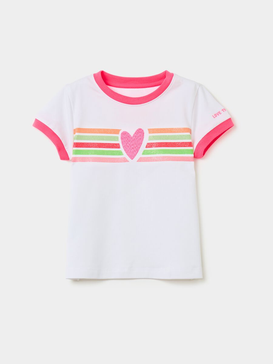 T-shirt with heart embroidery and glitter print_0