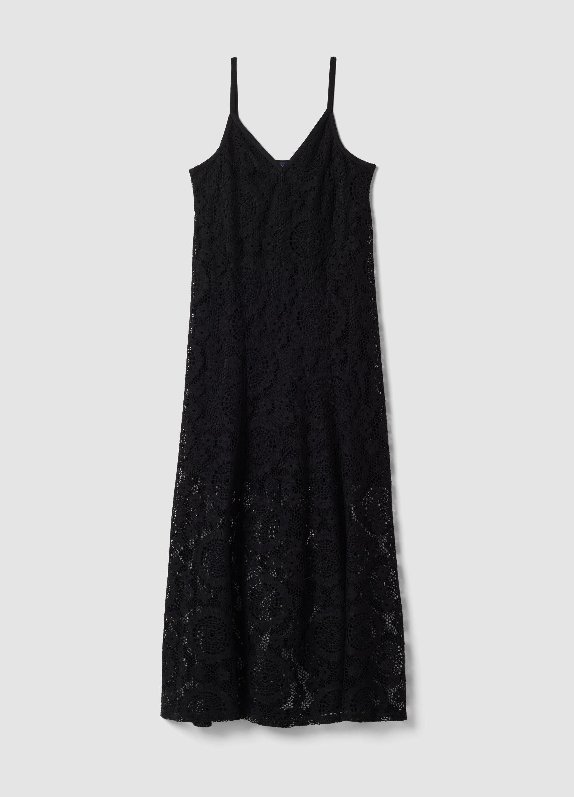 Long black crochet dress with V-neck, regular fit