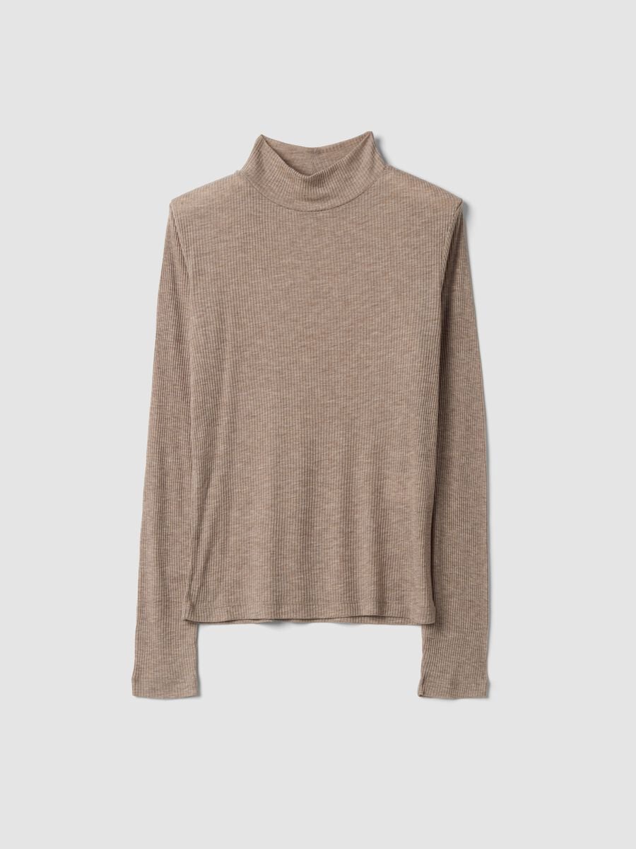 Beige ribbed lyocell-wool blend T-shirt, regular fit_0