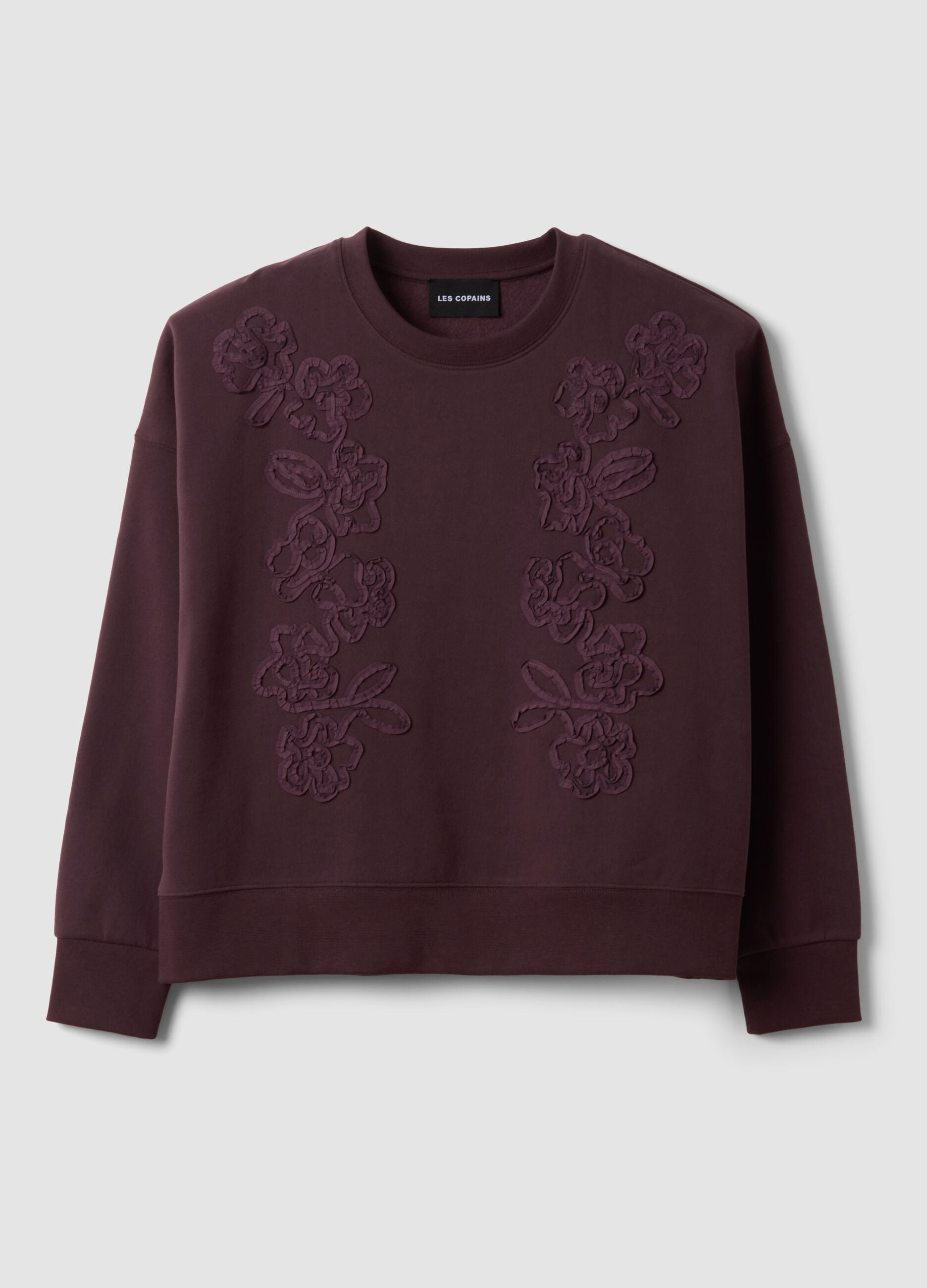 Purple cotton-blend crew-neck sweatshirt with floral embroidery