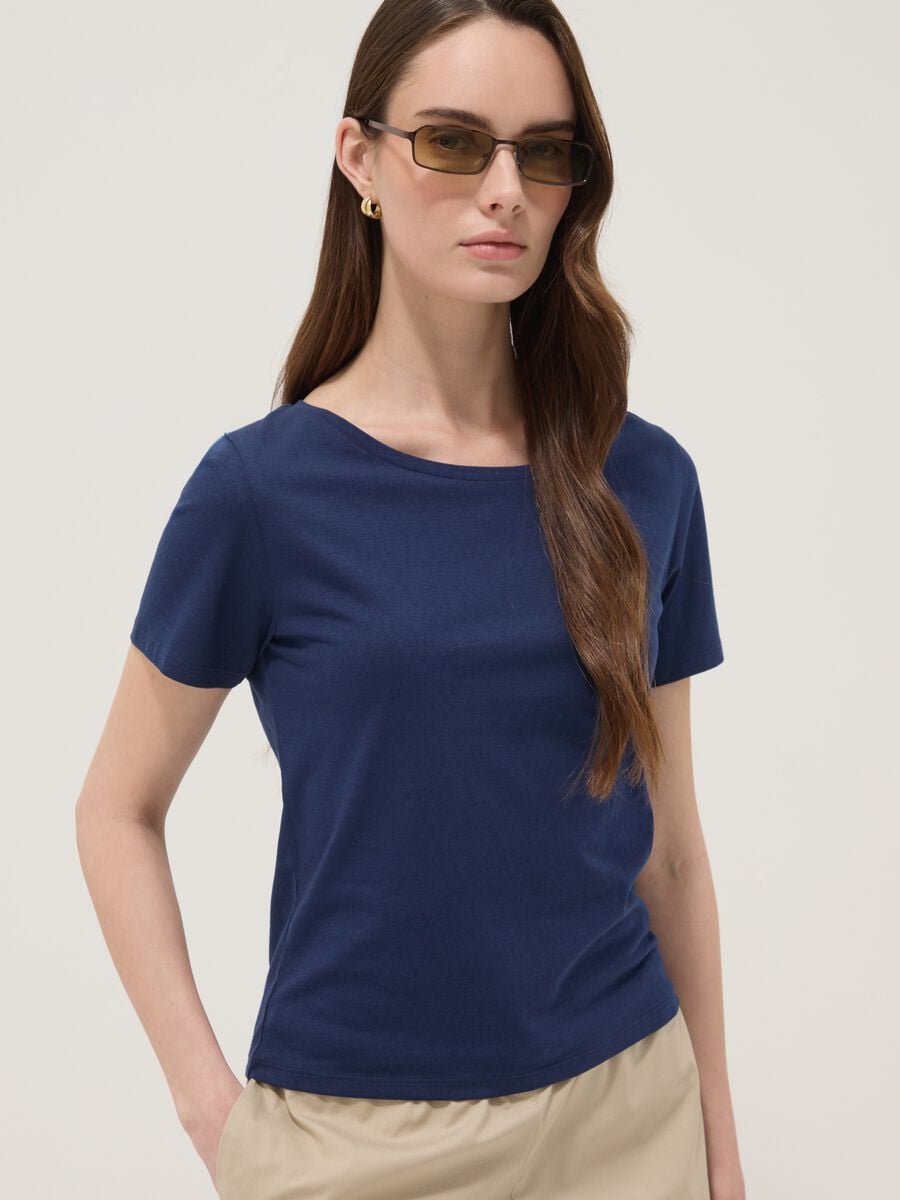 Camiseta azul de algod&oacute;n puro de manga corta_0