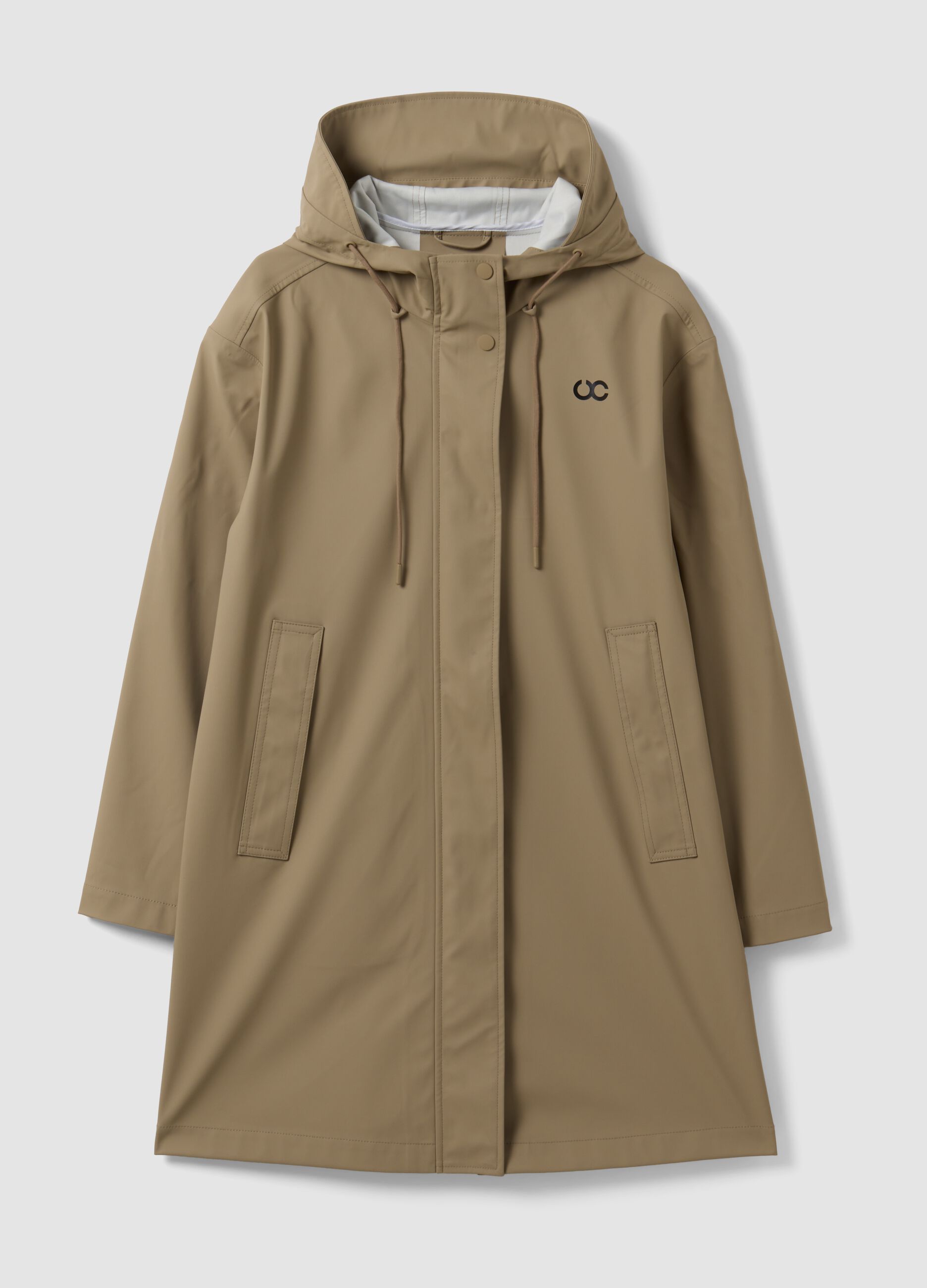Beige long hooded jacket with zip
