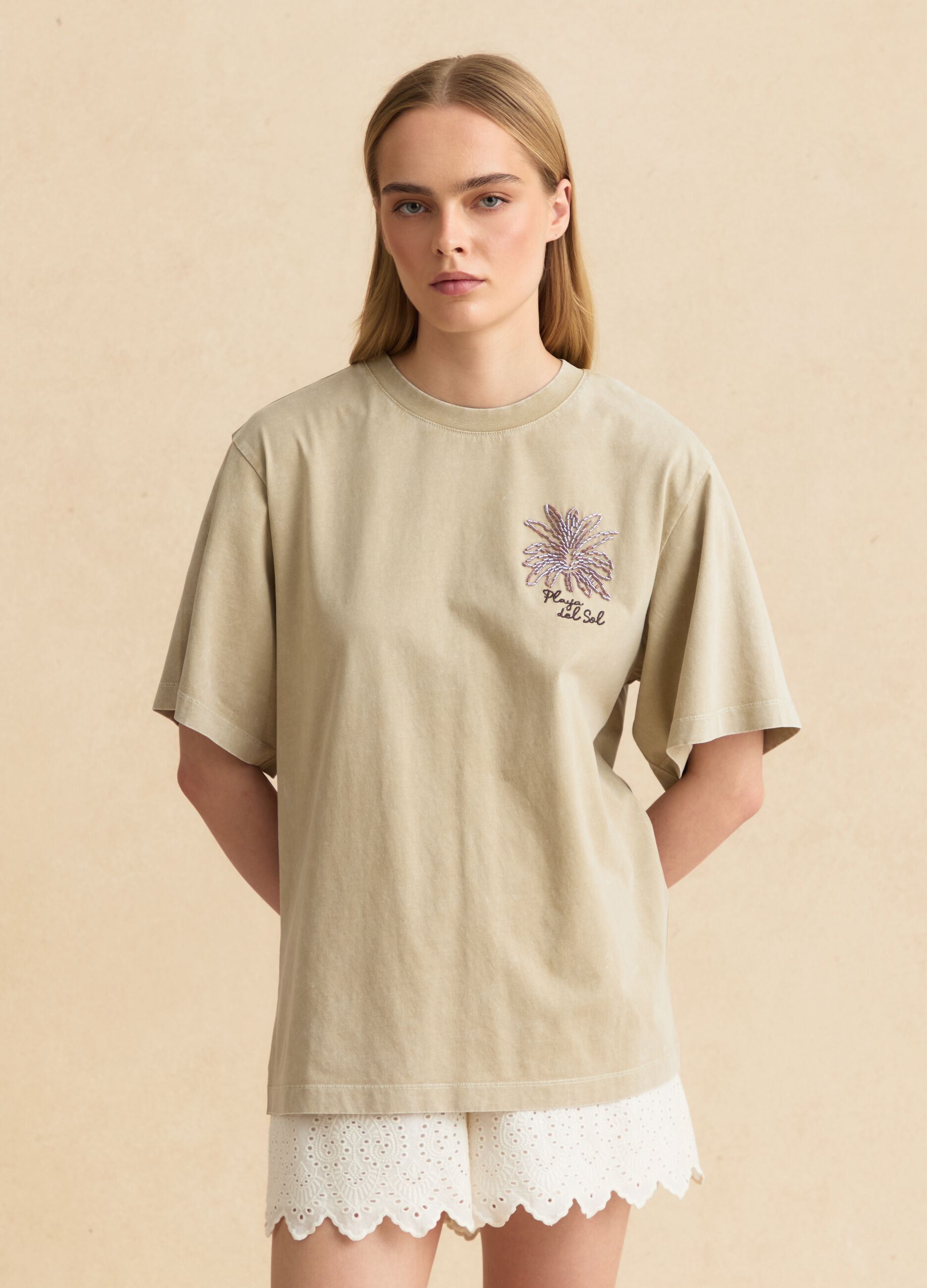 Beige short-sleeve pure cotton T-shirt