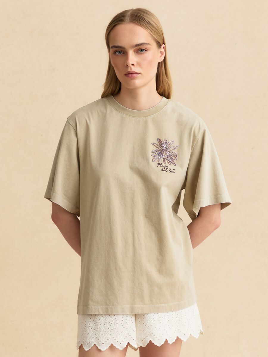 Beiges Kurzarm-T-Shirt aus reiner Baumwolle_1