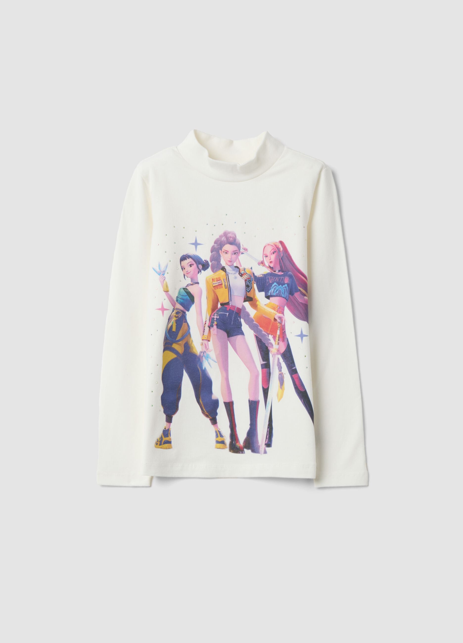 T-shirt branca em algod&atilde;o el&aacute;stico com estampado K-Pop Demon Hunters