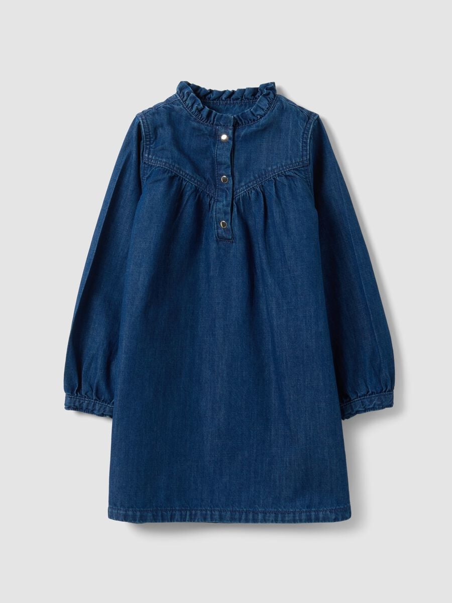 Blue wide-fit pure cotton dress with crew neck and ruffle for girls_0