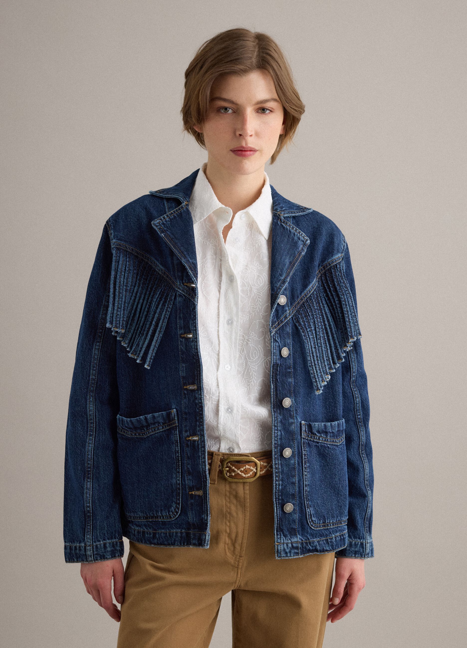 Pure cotton denim jacket regular fit with fringes
