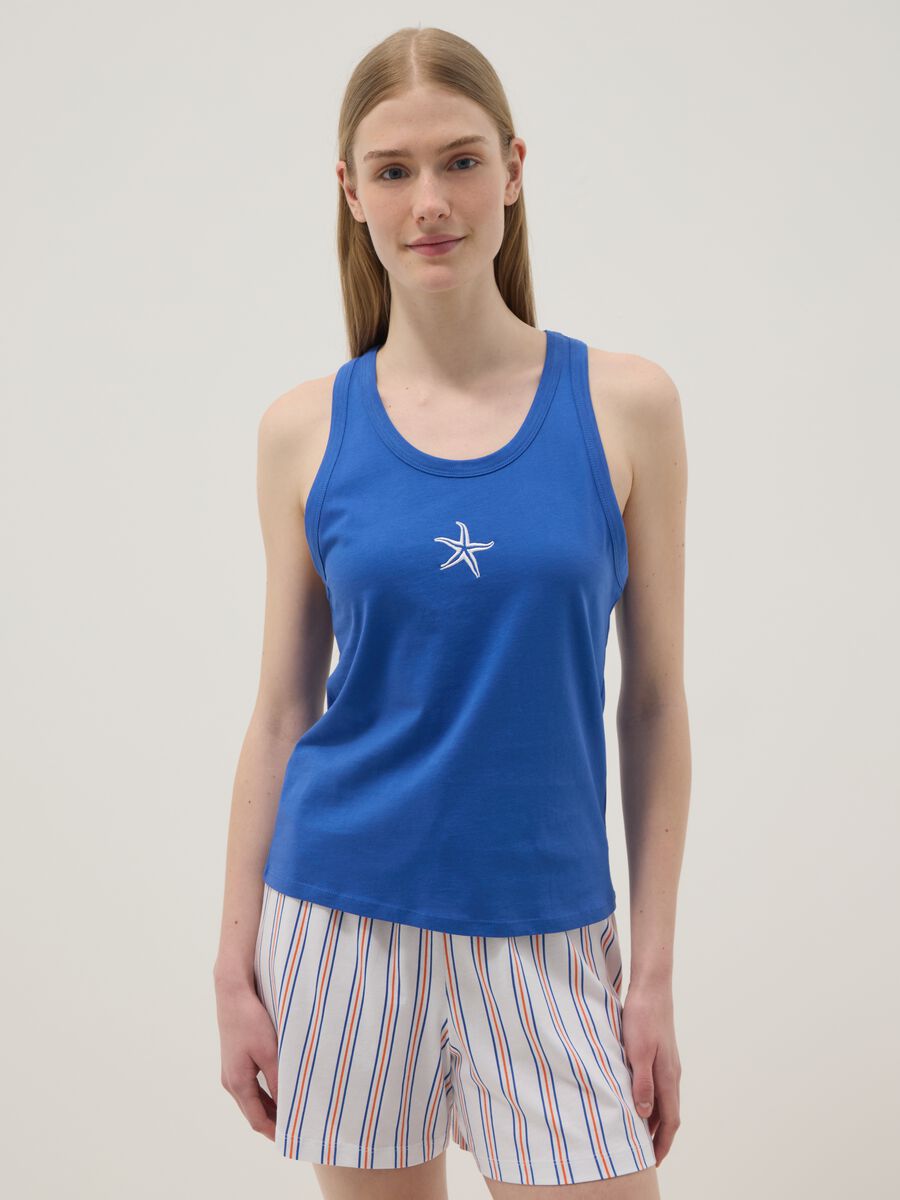 Blue pure cotton pyjama vest top, regular fit, with embroidery_1