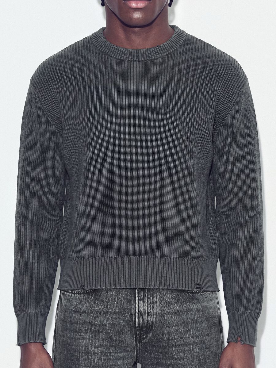 Grey pure cotton ribbed crew-neck jumper, regular fit_3