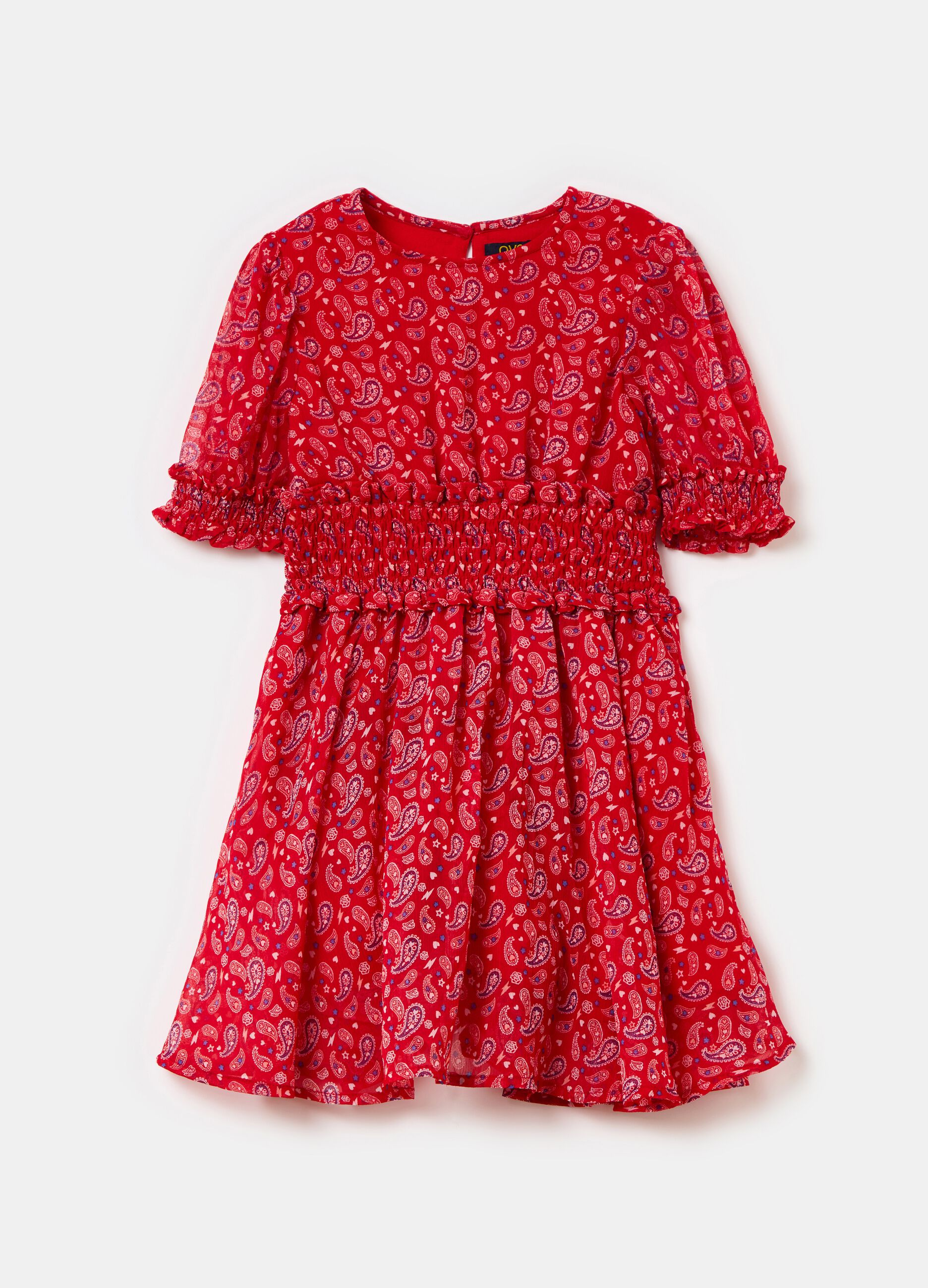 Dress with paisley pattern and smock stitch