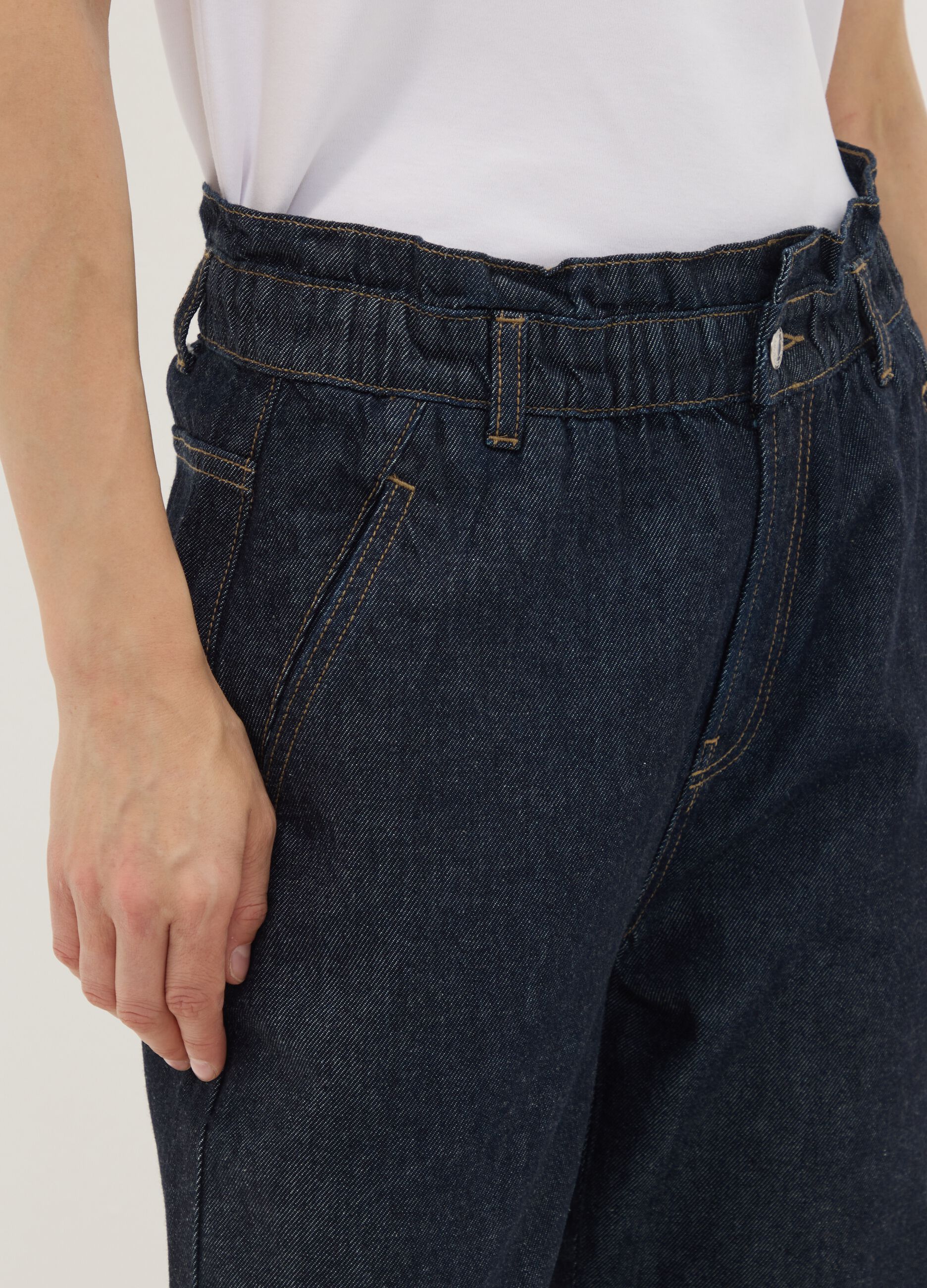 Blue denim baggy-fit pure cotton jeans with paper-bag waist