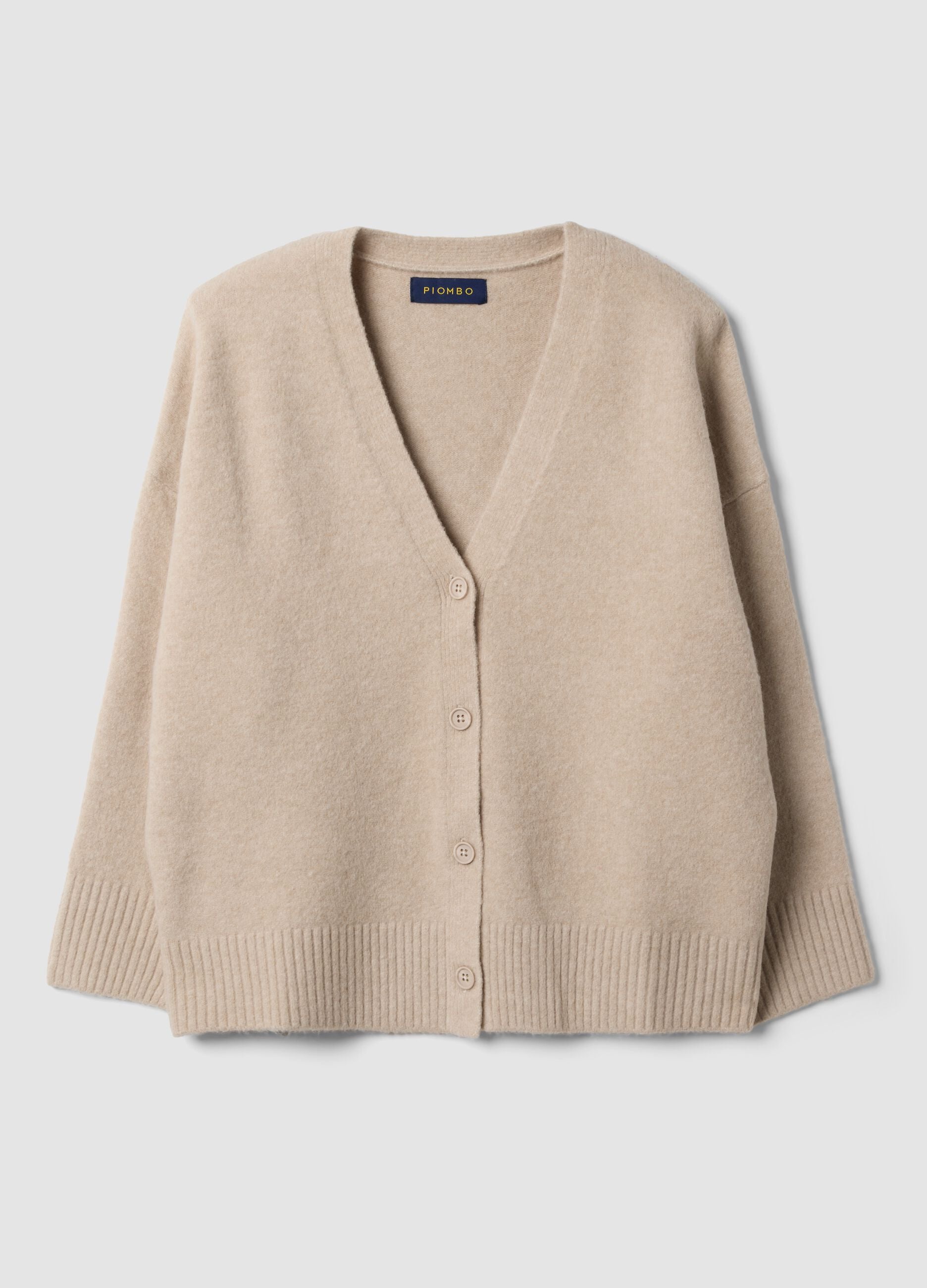 Cardigan beige in lana elasticizzata con scollo profondo a V