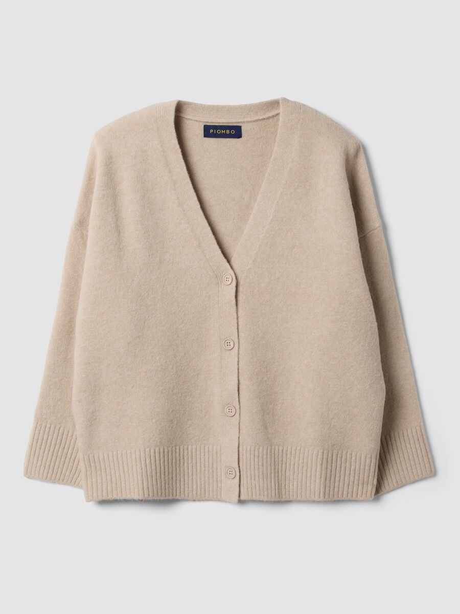 Cardigan beige in lana elasticizzata con scollo profondo a V_0