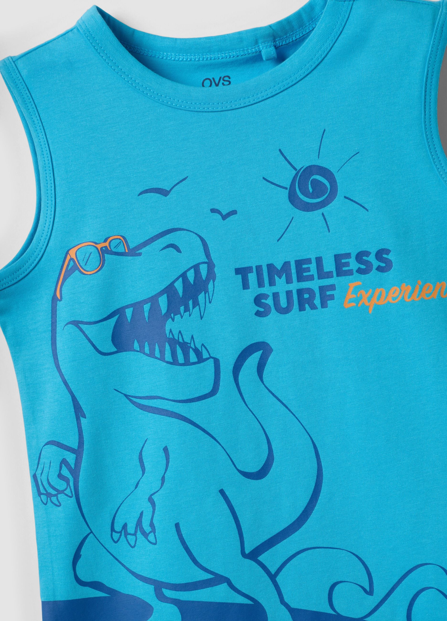 Blue pure cotton vest top with dinosaur print