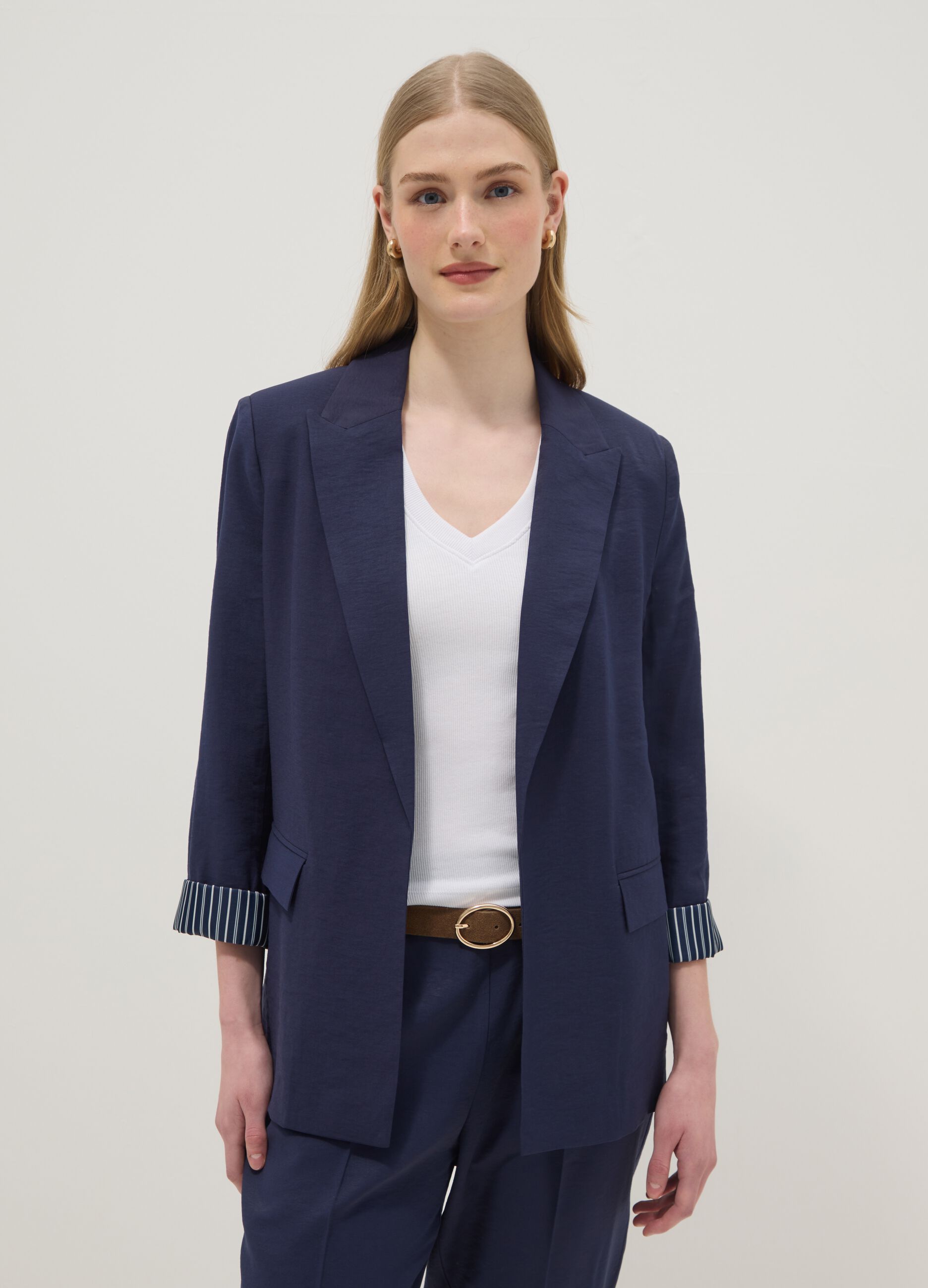 Regular Fit Blazer aus blauem Viskose-Mischgewebe mit gestreiften Manschetten