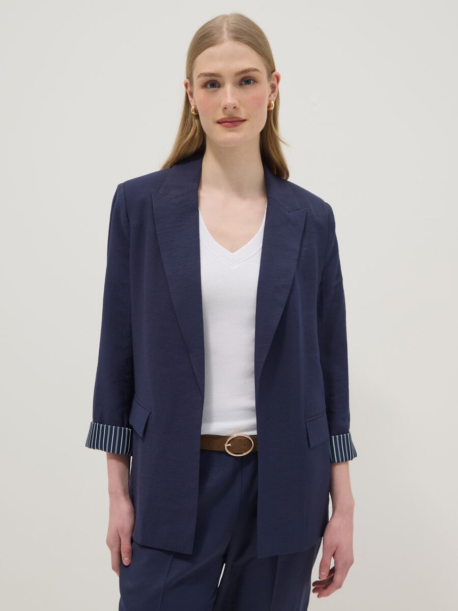 Regular fit blue viscose blend blazer with striped cuffs_1
