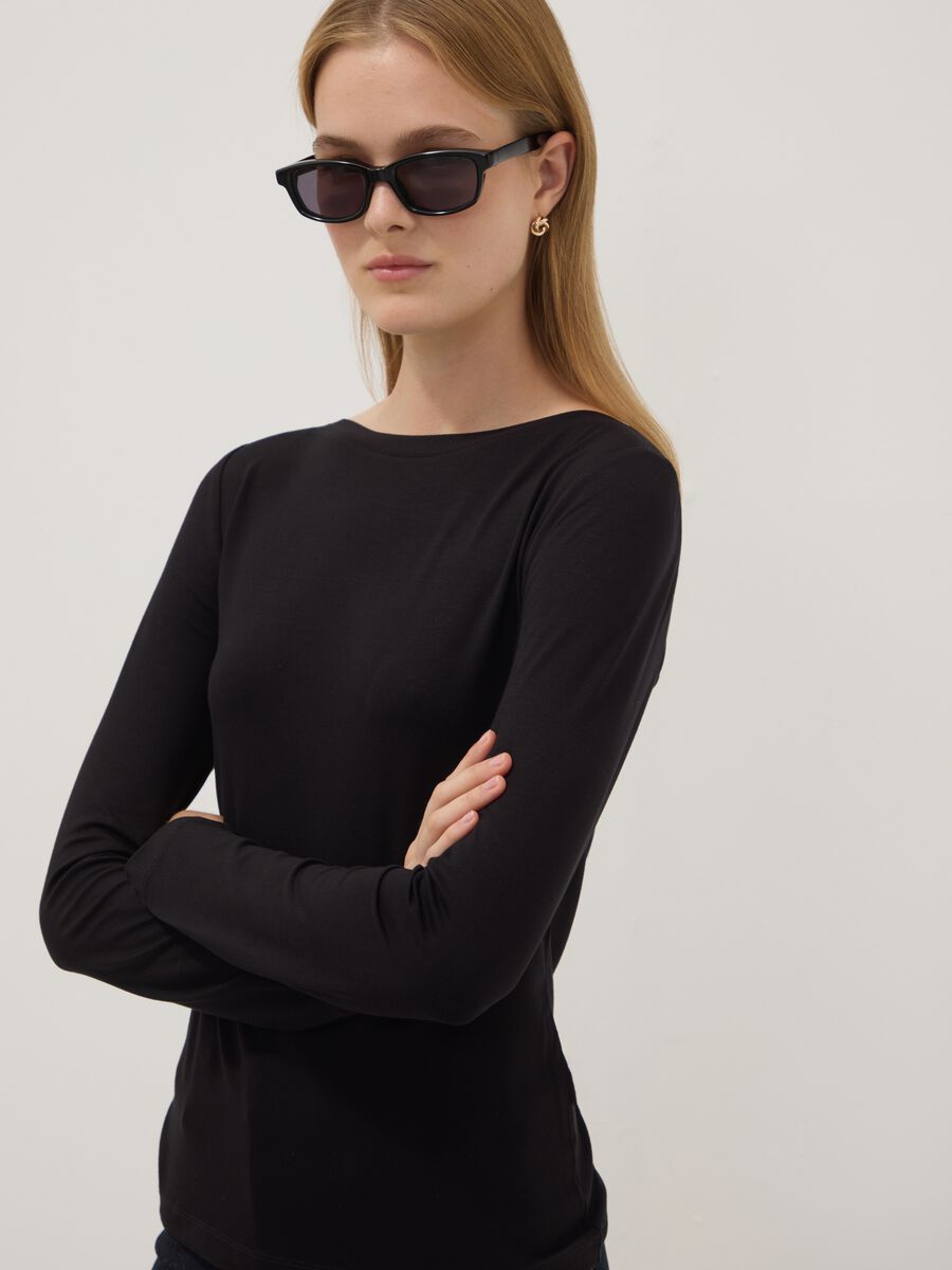 Black stretch viscose long-sleeve T-shirt_0