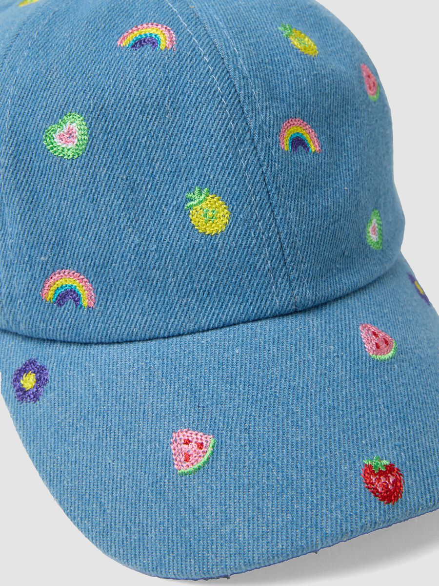 Blue denim pure cotton girl's hat with embroidery_2