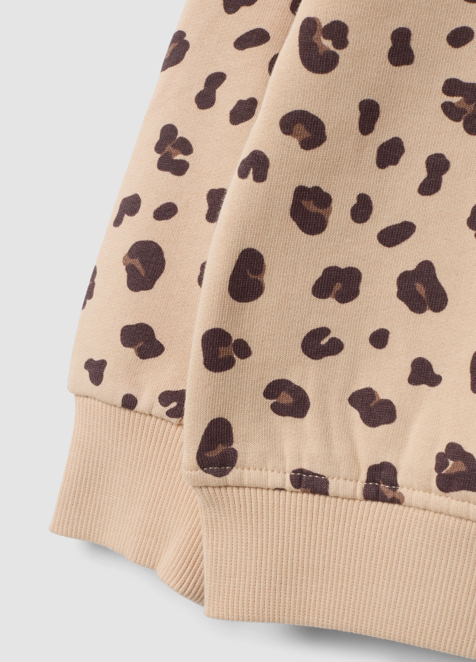 Beige pure cotton crew-neck sweatshirt with animal print