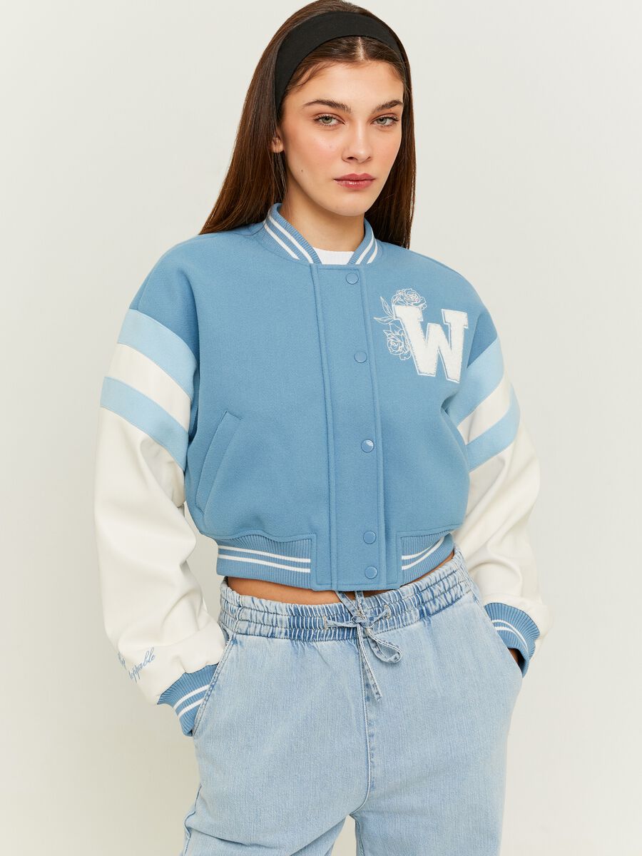 Varsity bomber jacket with embroidery and bouclé application_0