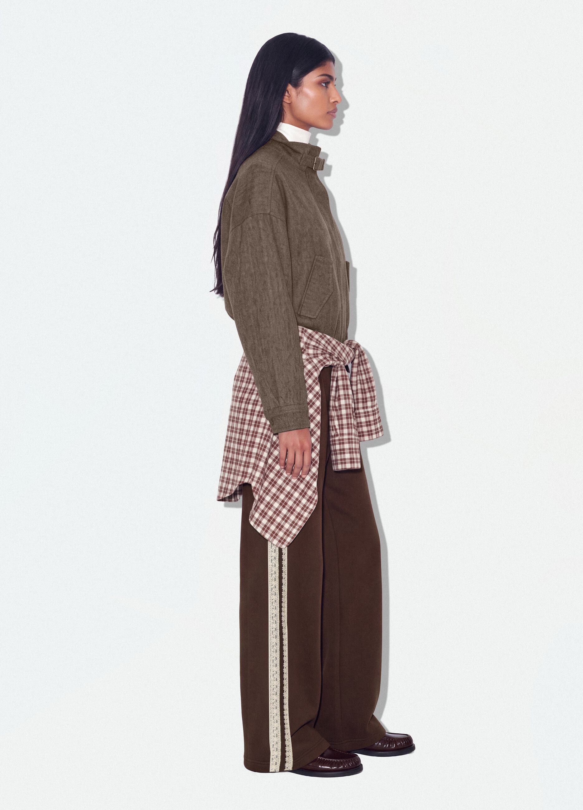 Brown cotton-blend wide-leg trousers with lace embroidery