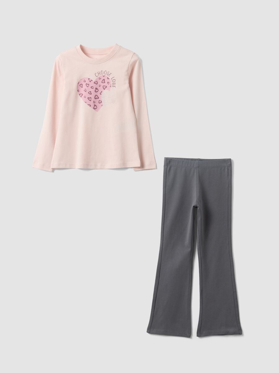 Conjunto de jogging rosa e cinzento em algod&atilde;o puro com estampado de cora&ccedil;&otilde;es para menina_0