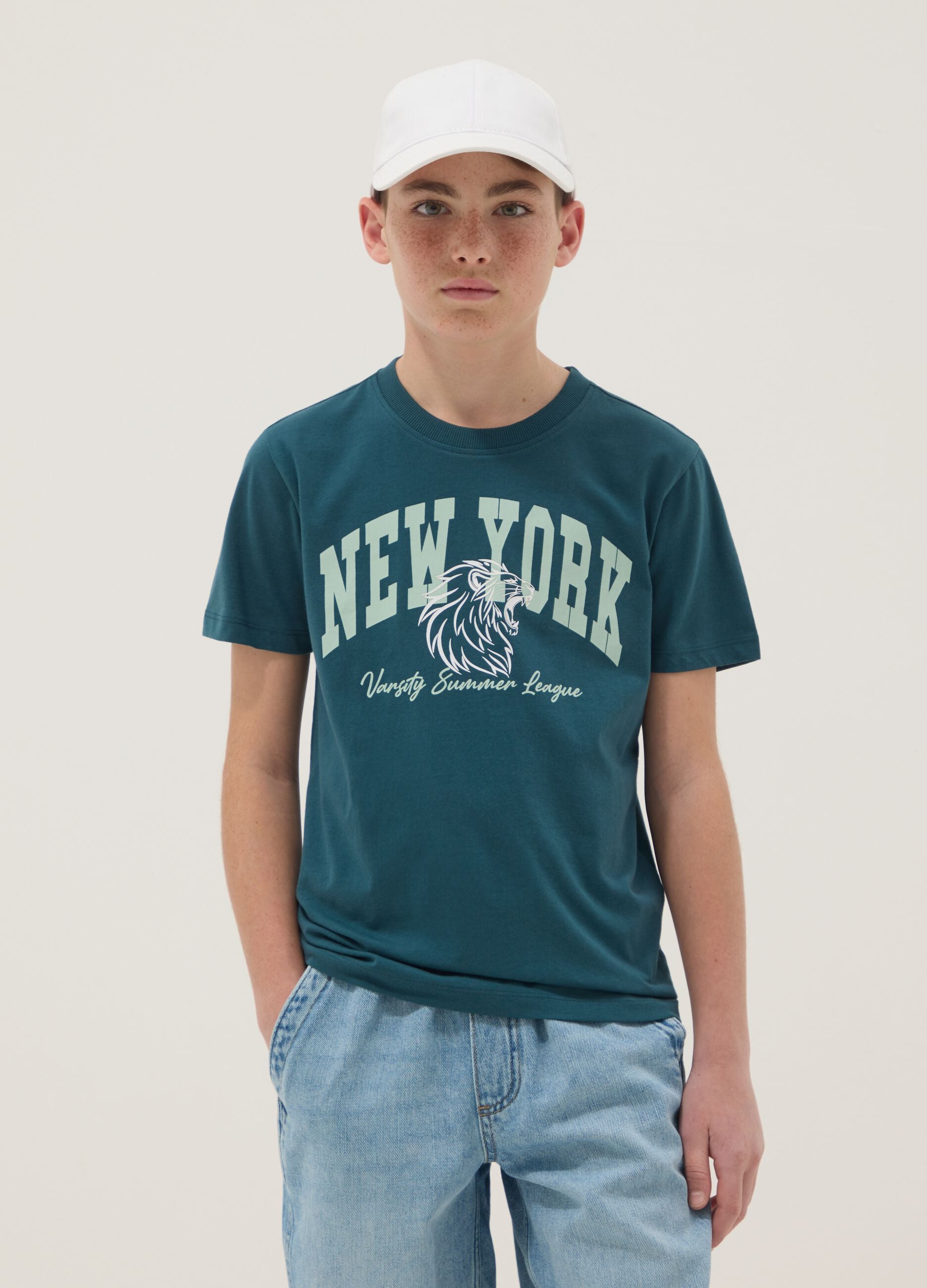 Boys' Regular Fit Green Pure Cotton T-shirt with Print