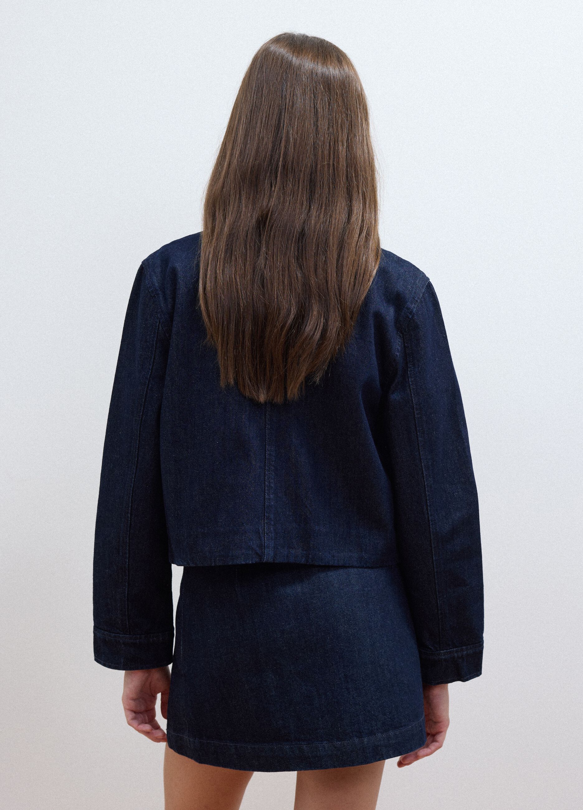 Blue cropped pure cotton denim jacket, regular fit