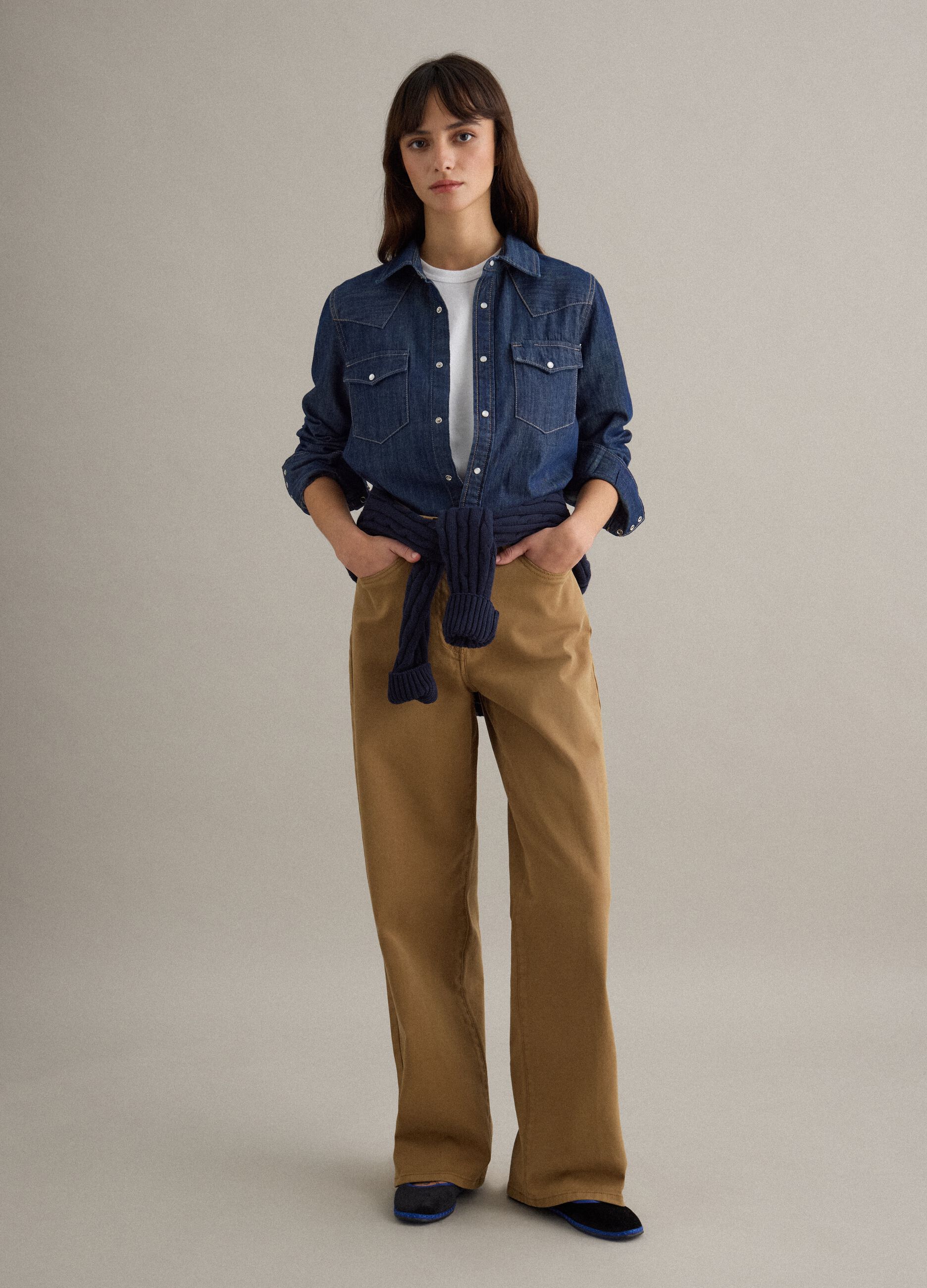 Regular fit blue denim pure cotton shirt