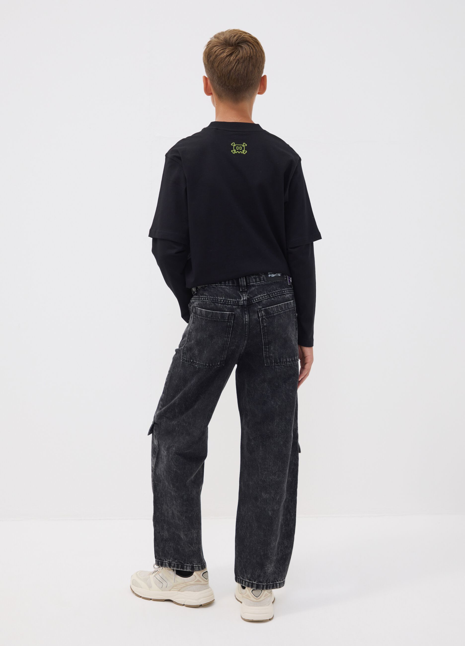 Jeans cargo neri in puro cotone skater fit