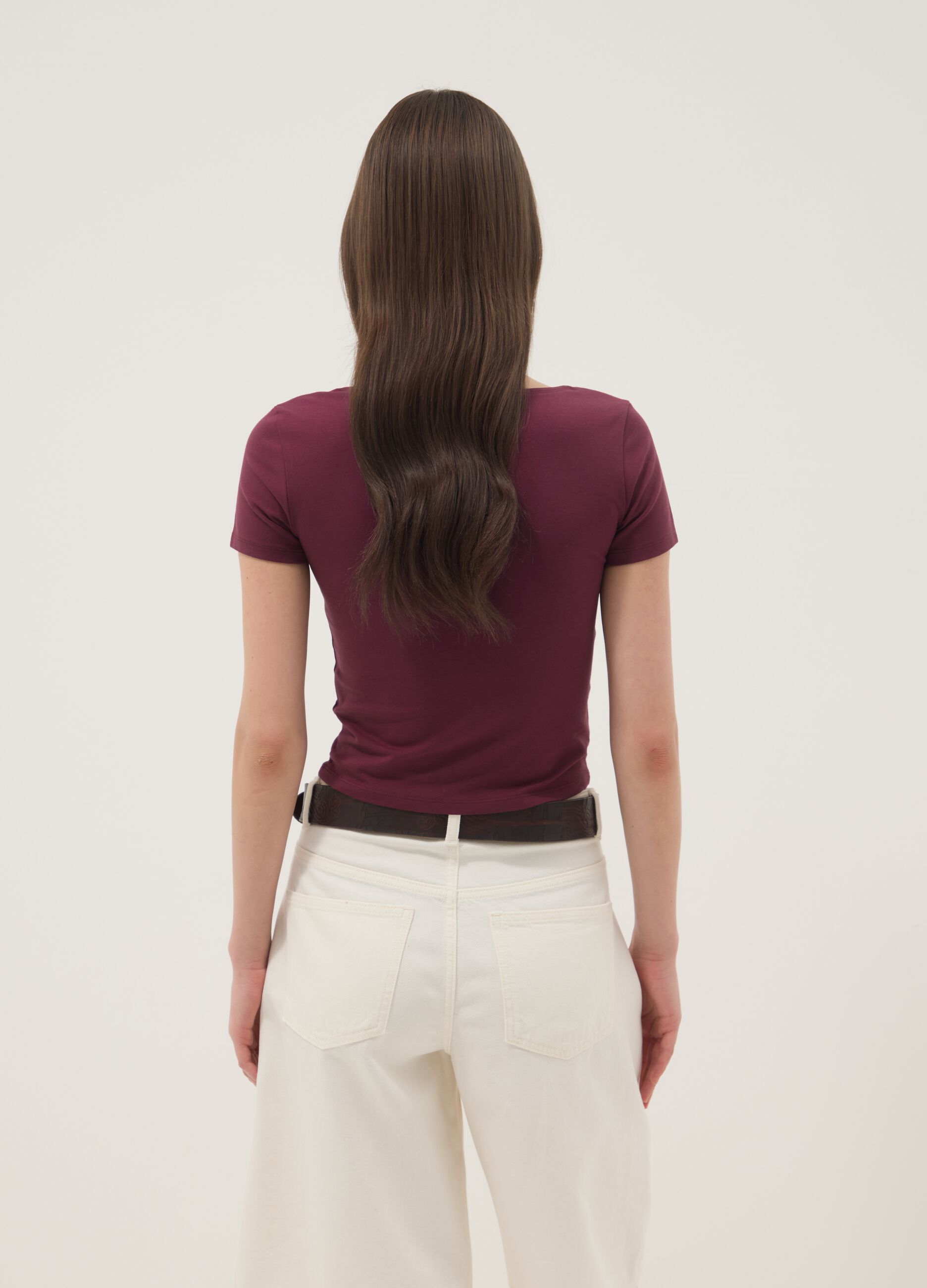 Purple stretch-cotton T-shirt with square neckline