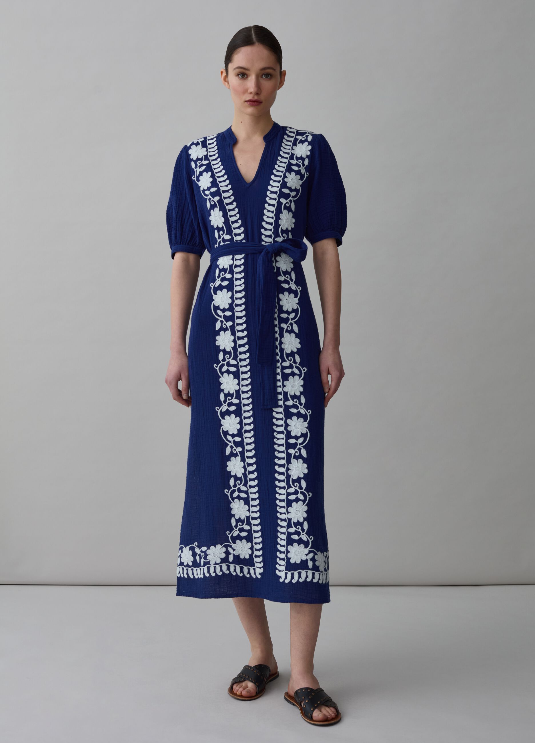 Long gauze dress with floral embroidery