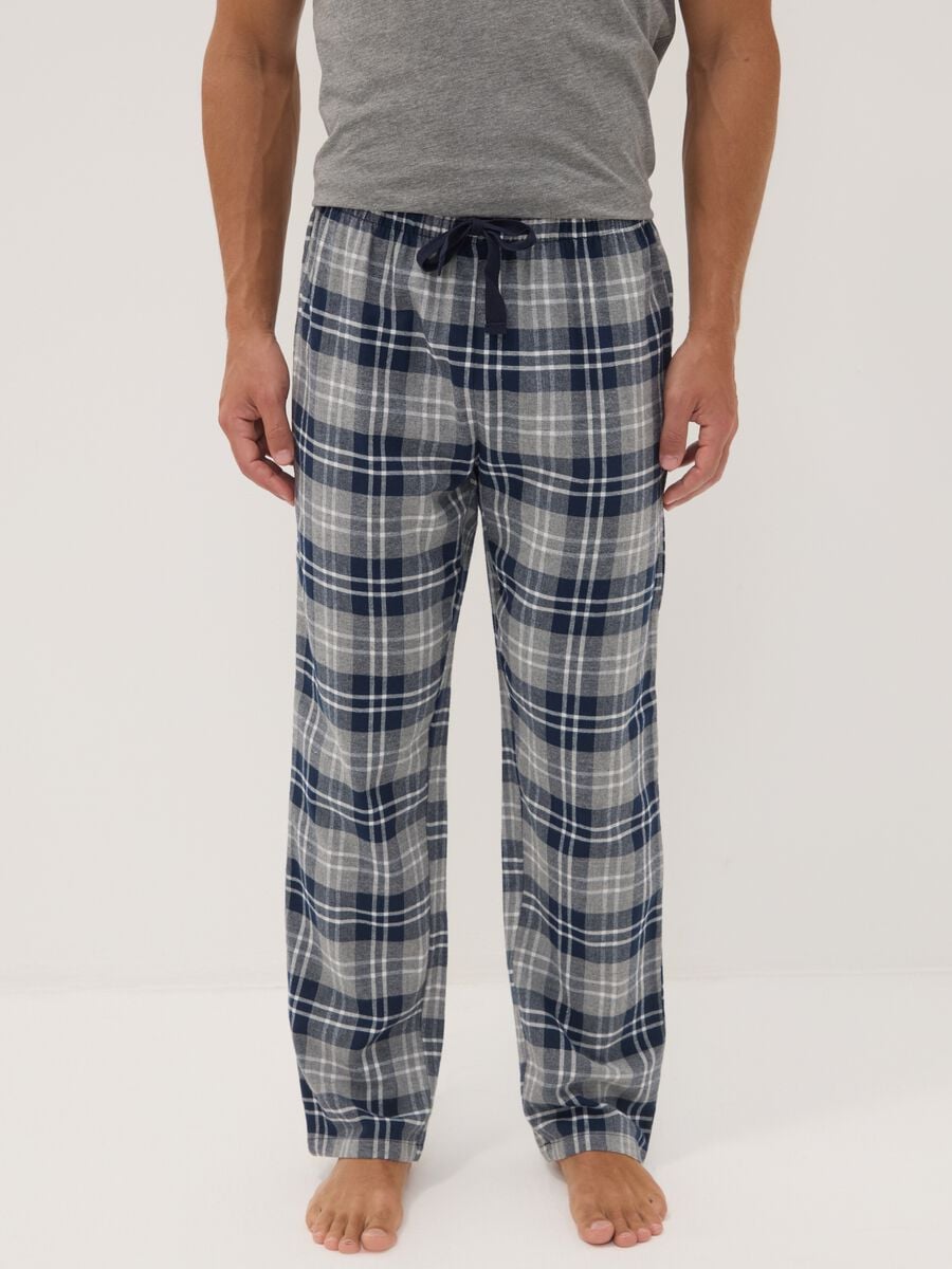 Pantaloni pigiama blu e grigi in flanella di puro cotone organico a quadri_1