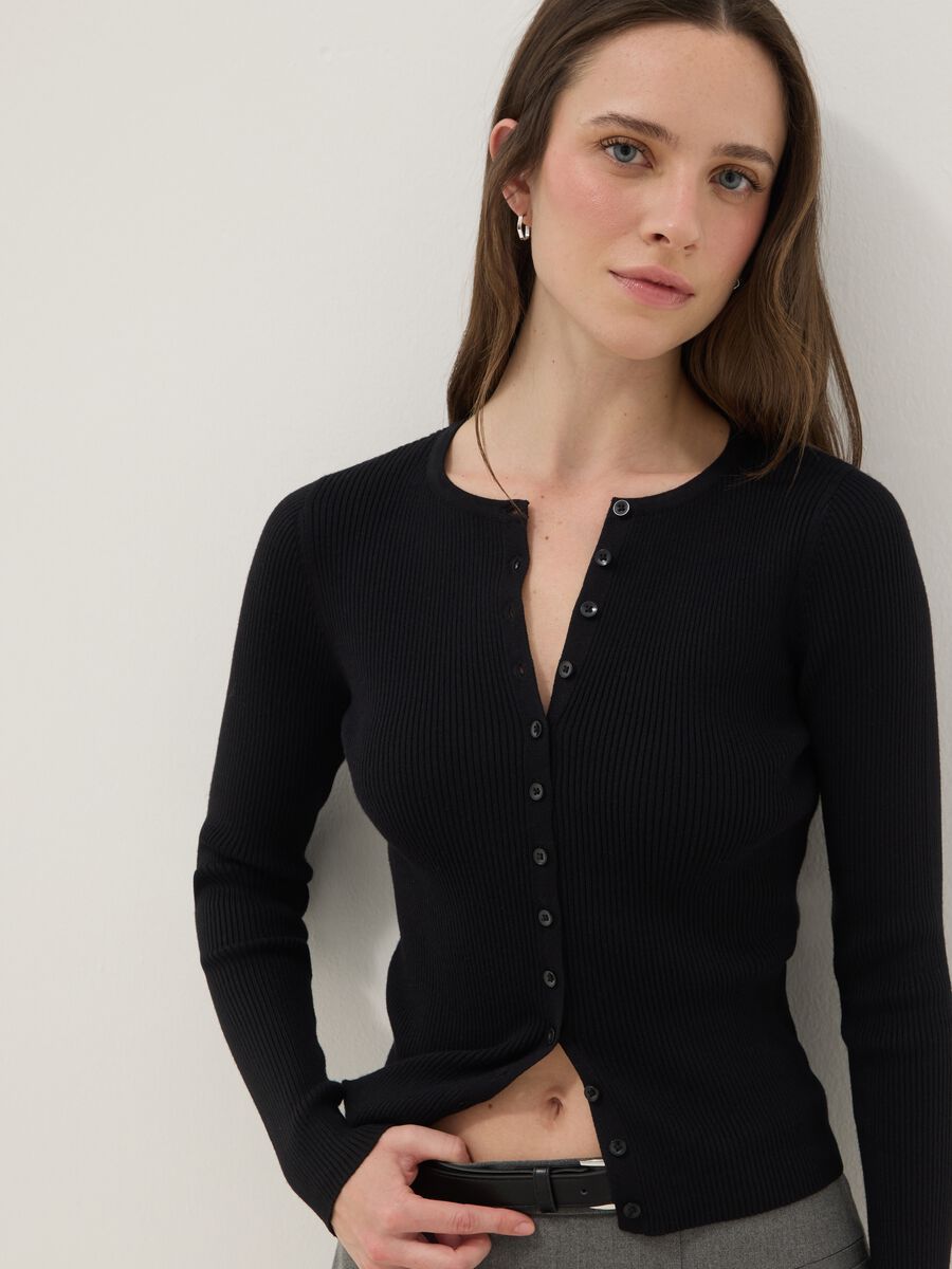 Black viscose blend cardigan with fitted silhouette_0