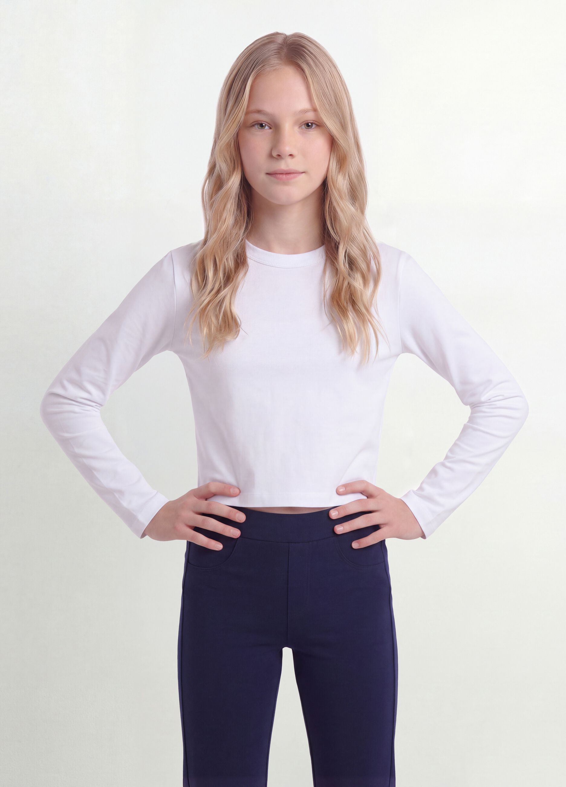 Girls&rsquo; pure cotton white T-shirt with ribbed crew neck