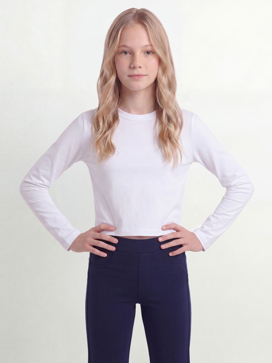 White pure cotton T-shirt with ribbed neckline for girls_1