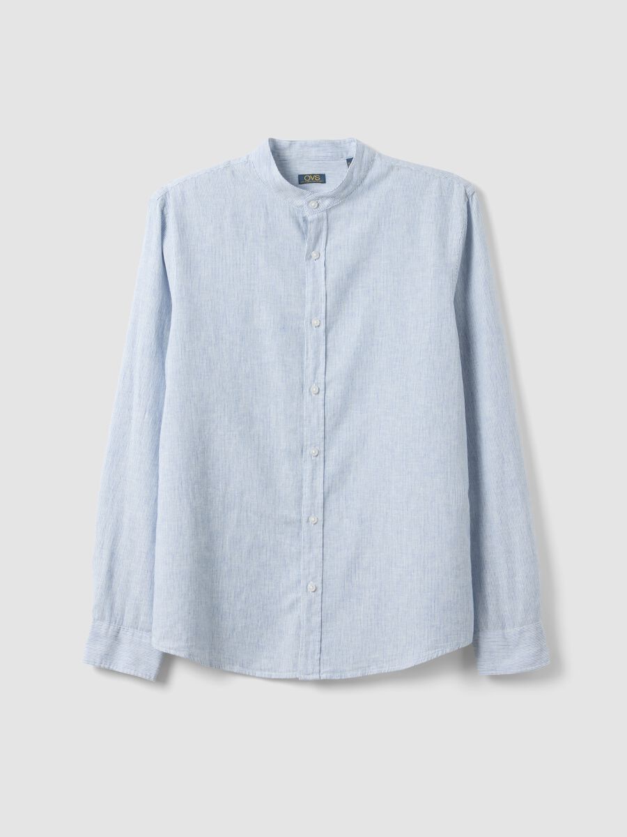 Multicoloured striped shirt with band collar in linen and cotton blend, regular fit_4