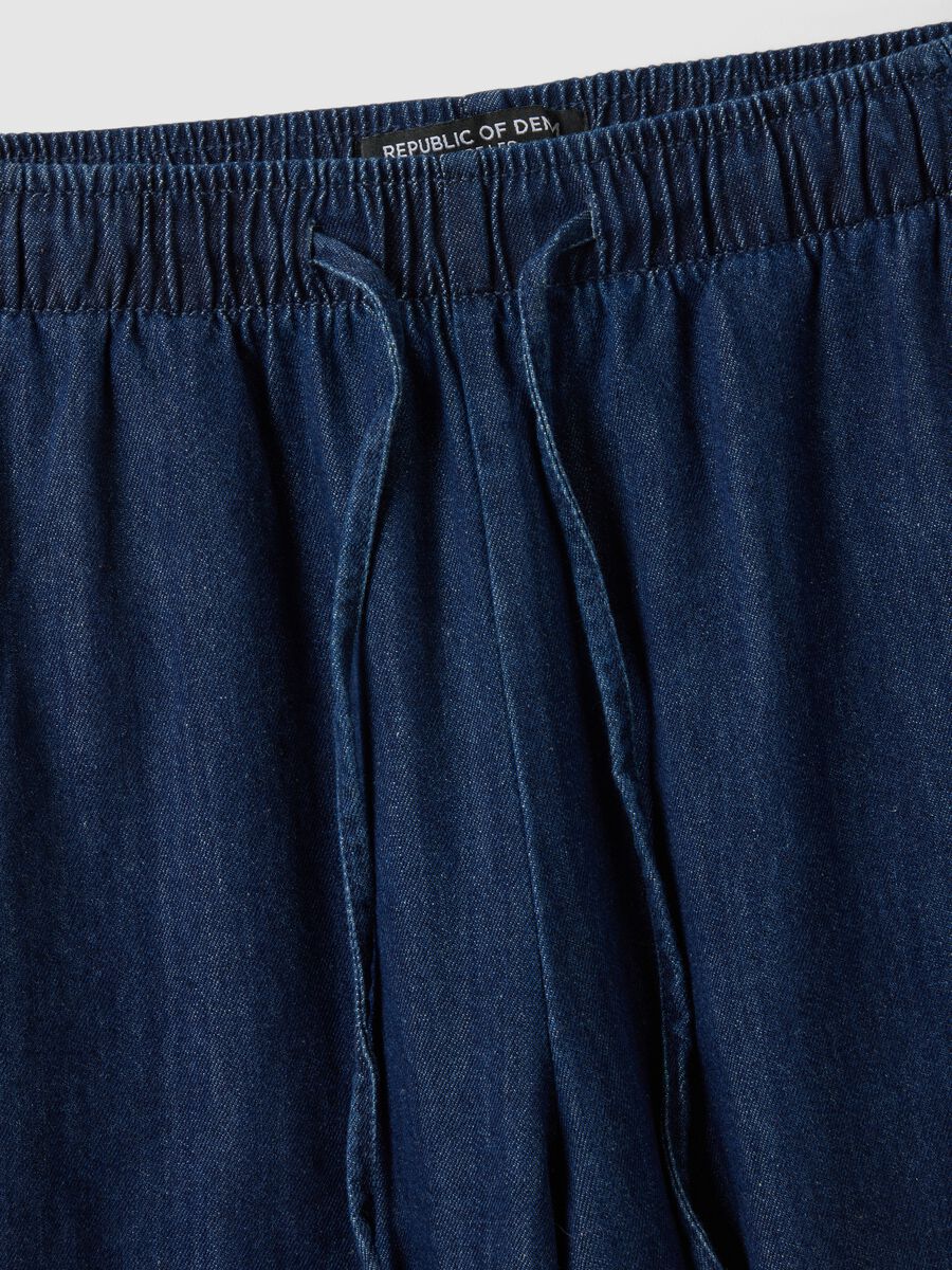 Wide-leg blue denim pure cotton trousers with elastic waist_5