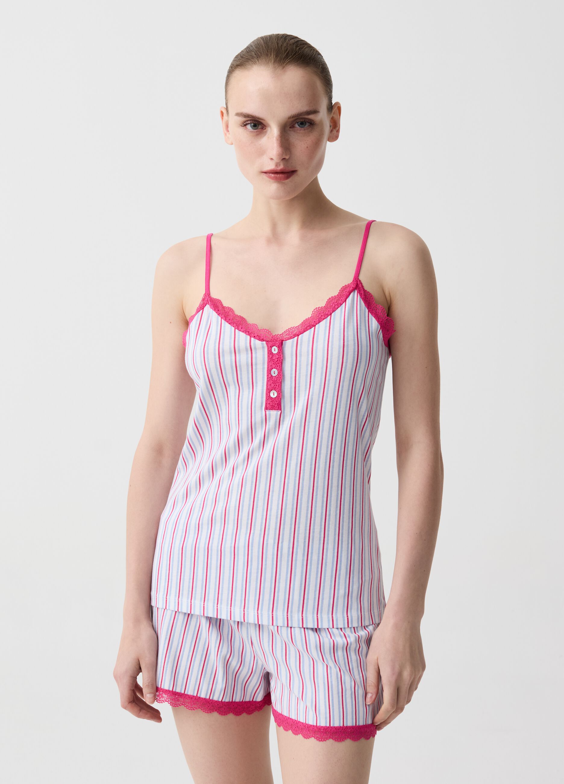 Striped pyjama top with granddad V neck