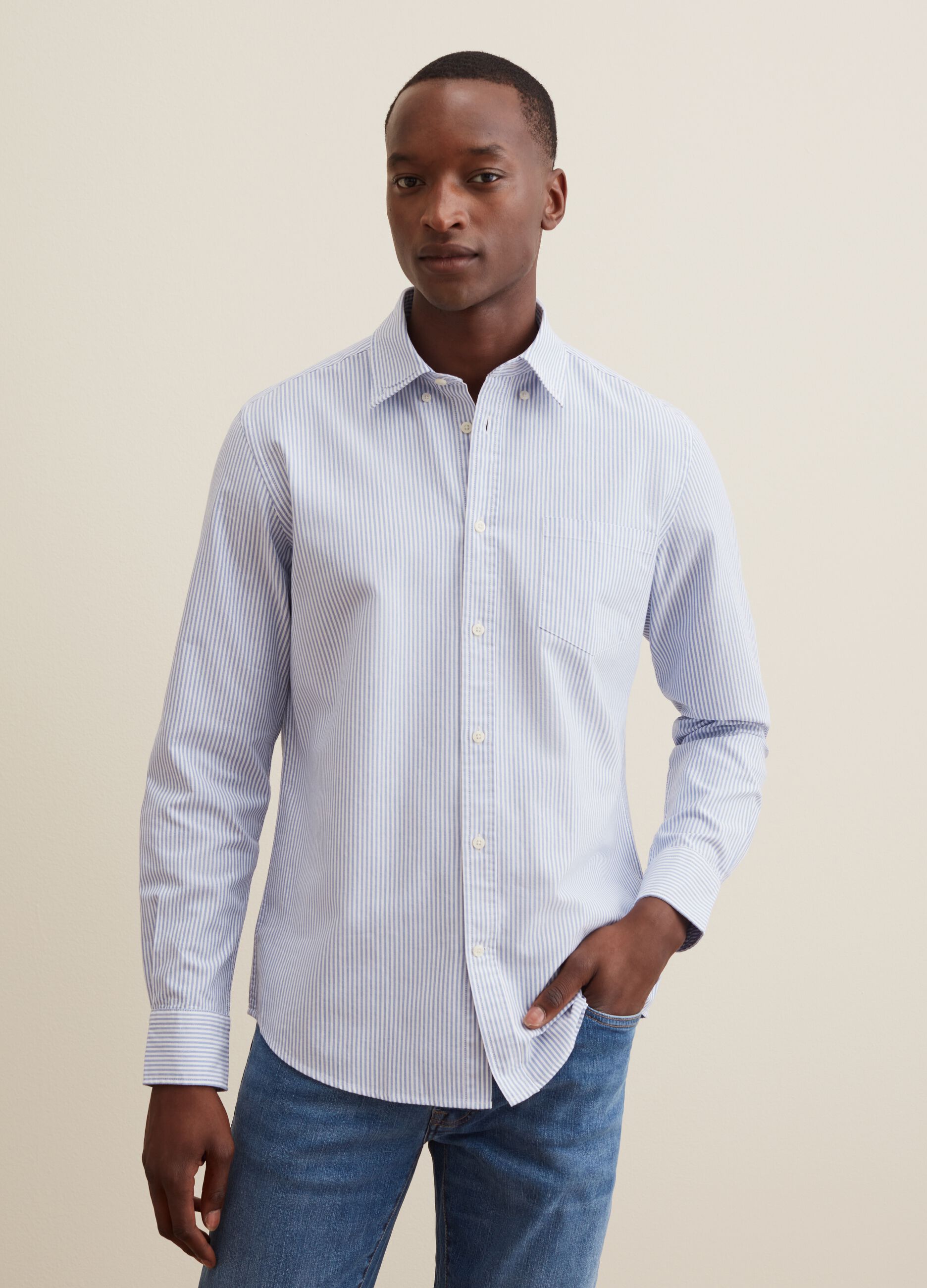 Oxford cotton shirt with thin stripes_1