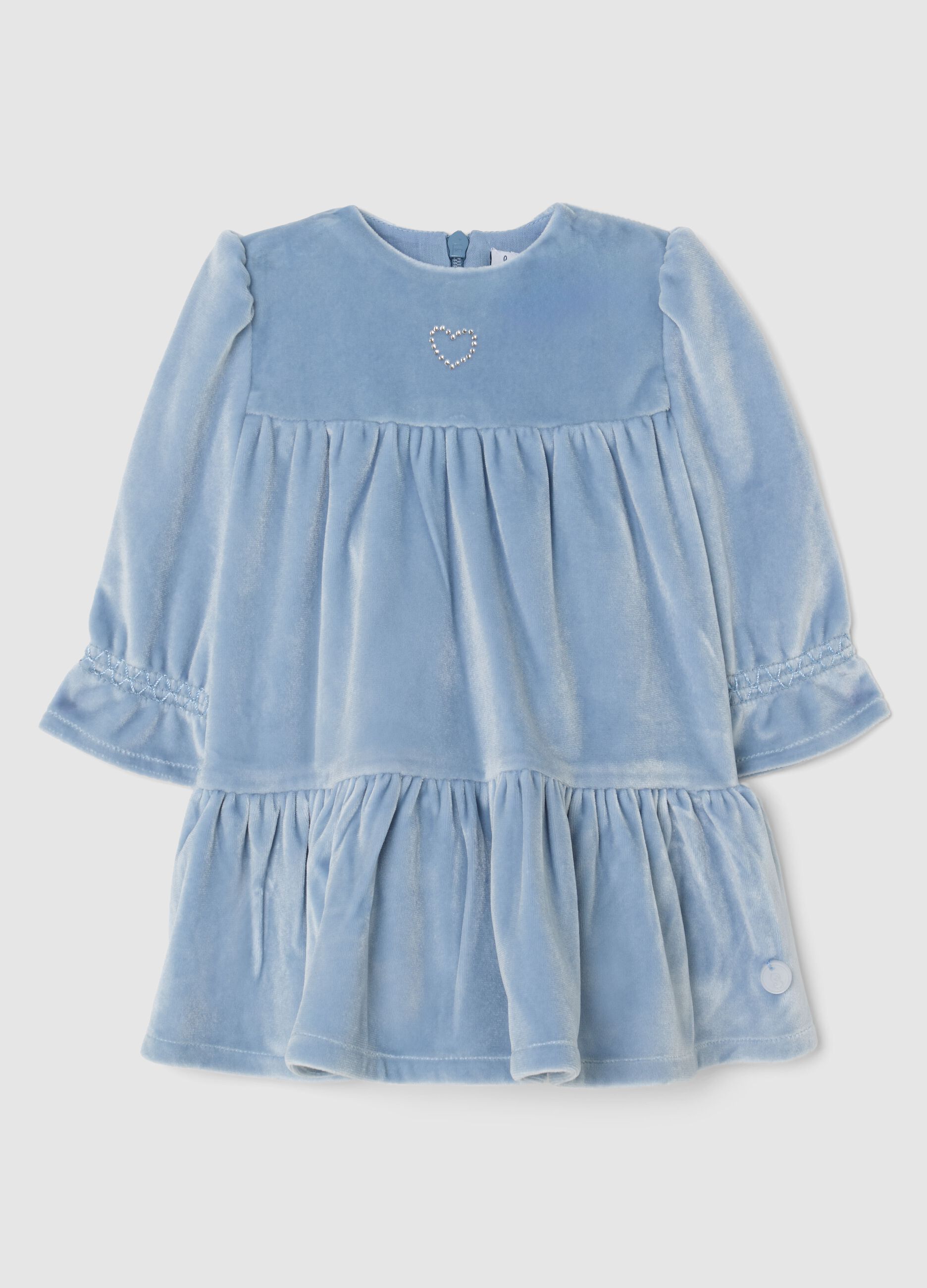 Baby girl velour blue regular fit dress with embroidered heart