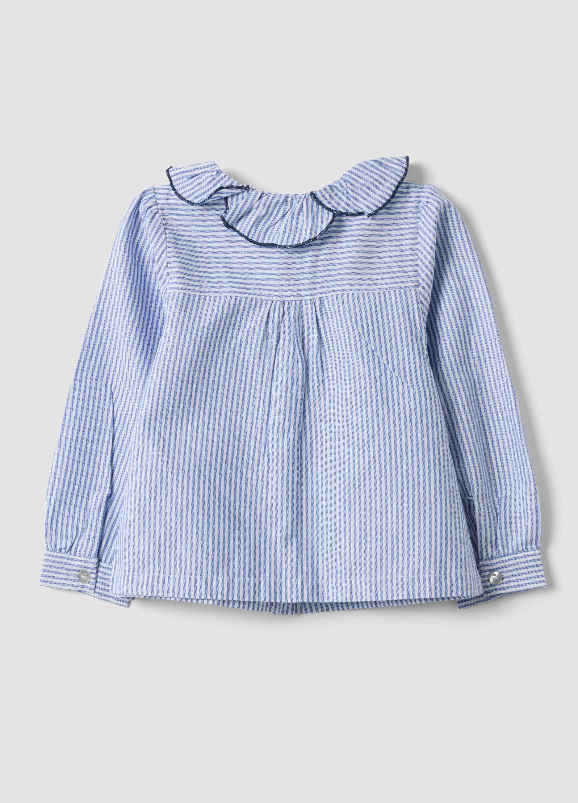 Blue striped pure cotton shirt with ruffle collar for baby girls