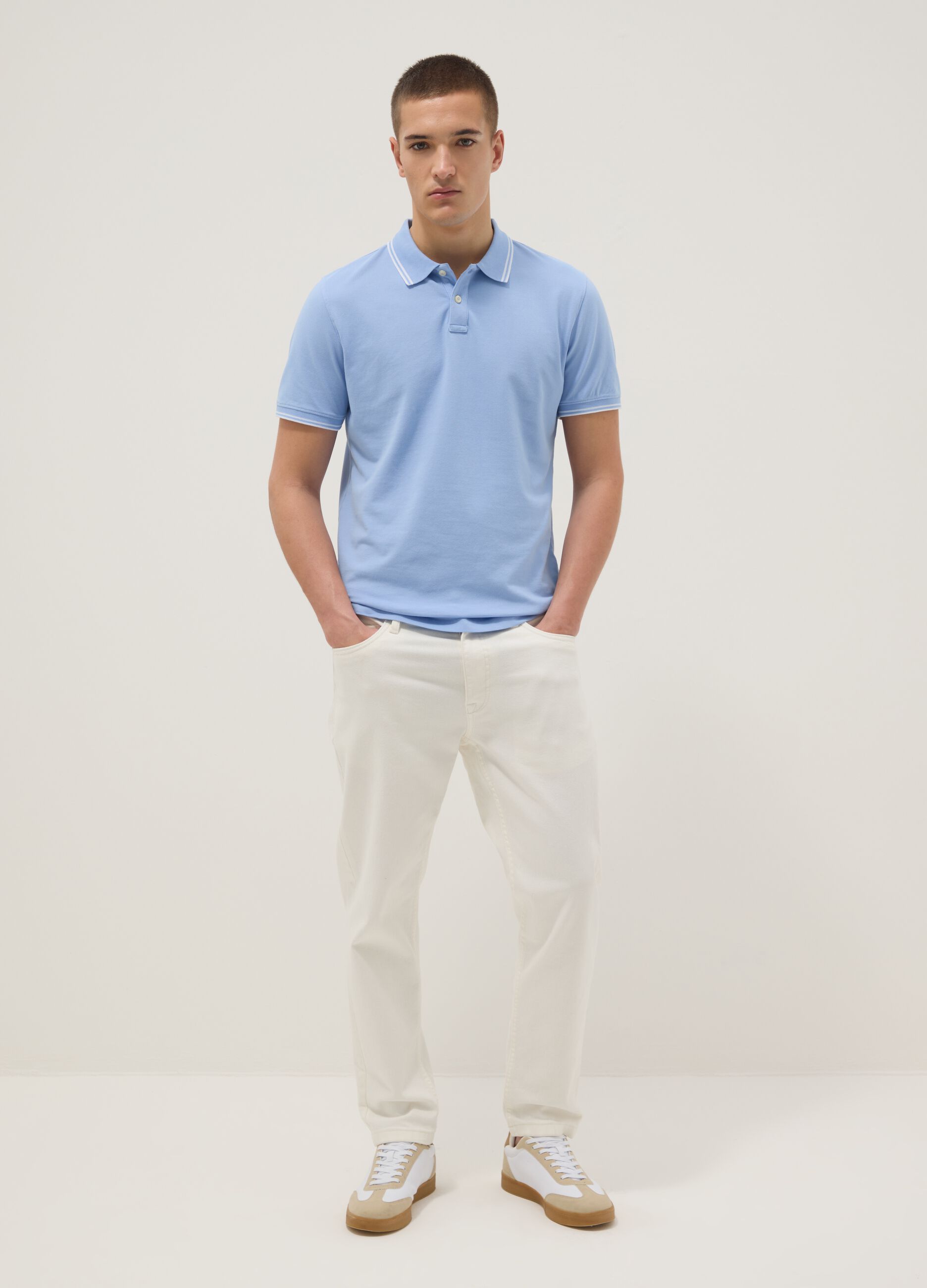 Light blue stretch cotton polo shirt, regular fit