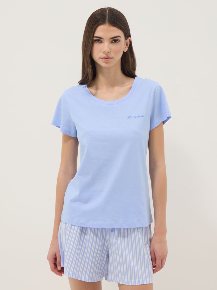 Pyjama court bleu ciel en coton pur, coupe r&eacute;guli&egrave;re_1