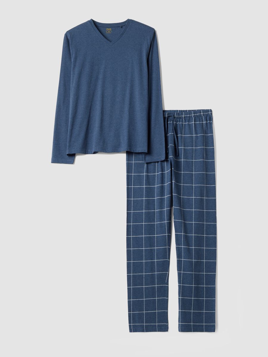 Blue V-neck pyjamas in pure organic cotton_0