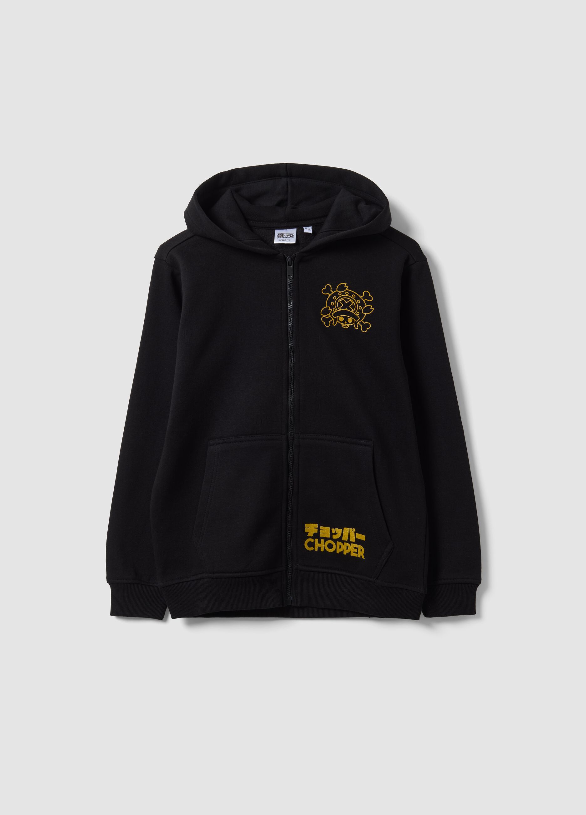Black cotton-blend zip hoodie with One Piece print