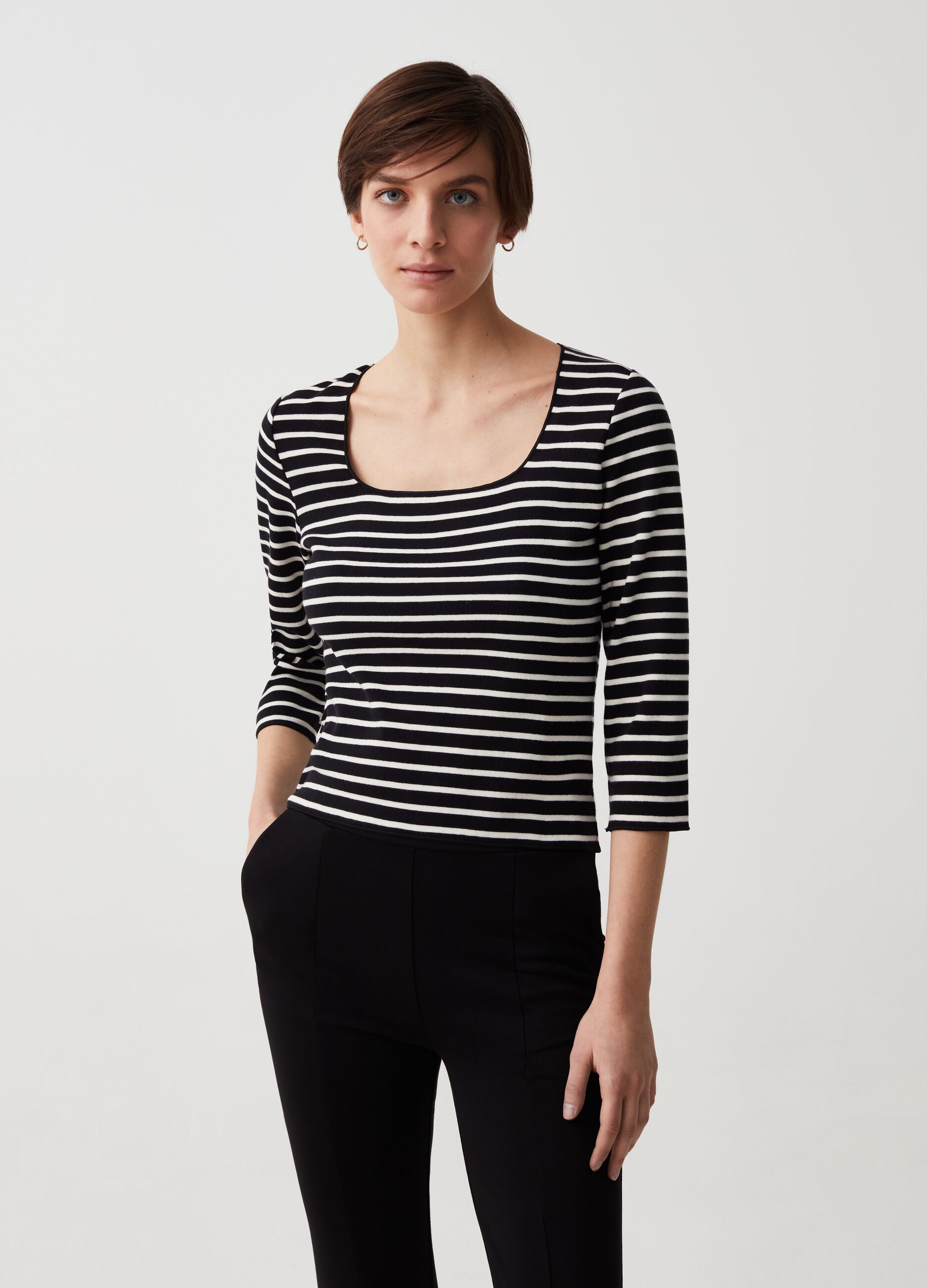 Striped T-shirt with three-quarter sleeves