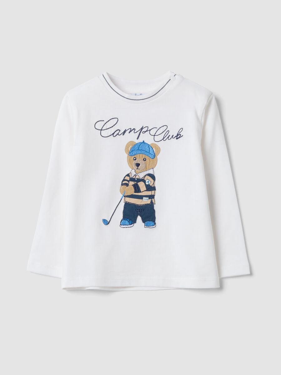 Camiseta blanca de algod&oacute;n org&aacute;nico puro con bordado de osito, corte regular_0